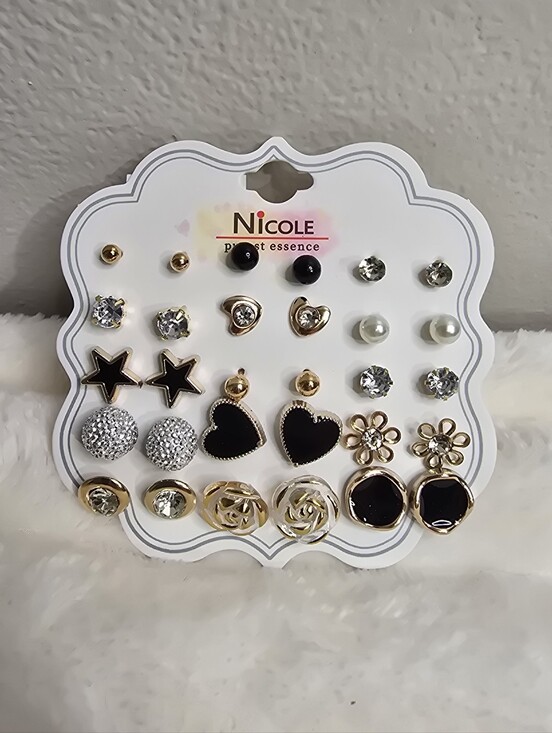 Nicole Jewelry - Nicole Black & Gold 12-Pair Mixed Stud Earring Set